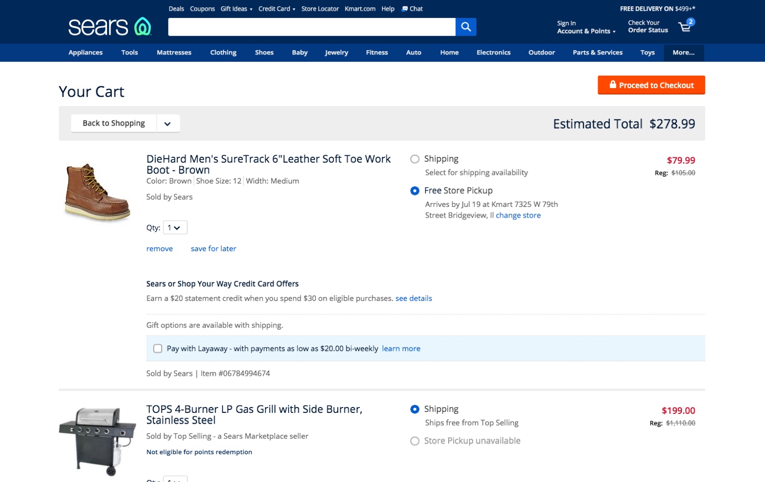 Sears — cart and checkout experience